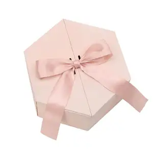 Custom Design Rigid Cardboard Magnetic Double Door Paper Hexagon Sweet wedding Bridesmaid Pink Gift packaging Box with Ribbon