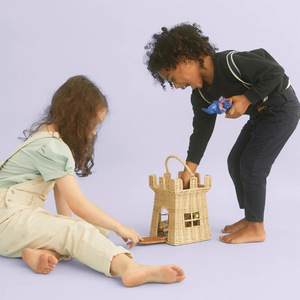 Rattan Castle <b>Basket</b> With Handle Children's Toy Storage Off White Rectangle Shape Photography Props - Product Image 2