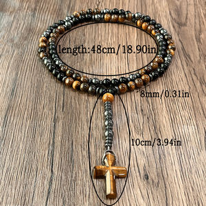 Collar con colgante de Cruz religiosa con cuentas de ojo de tigre amarillo hematita para hombres, regalo de estilo Hip Hop, joyería de Piedra de hierro - Product Image 6