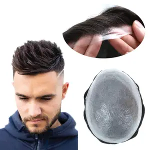 Precio al por mayor, productos listos para enviar, piel ultrafina, 0,02-0,04mm, tupé, reemplazo de cabello humano, Peluca de tupé para hombre calvo