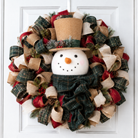Tête de bonhomme de neige en toile de jute naturelle avec écharpe à carreaux verts pour couronne de Noël, décoration murale et présentation en magasin (vente en gros)