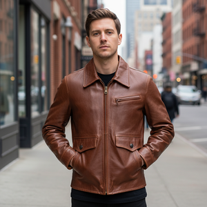 Veste <span class=keywords><strong>de</strong></span> motard en cuir <span class=keywords><strong>de</strong></span> chèvre pleine fleur tannée végétallement pour homme, col rabattu, fermeture éclair, veste en cuir <span class=keywords><strong>de</strong></span> moto - Product Image 1