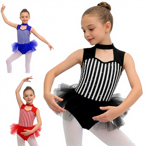 Maillot de Ballet a Rayas para Niñas con Tutú, sin Mangas, para Entrenamiento y Actuaciones, en Colores Negro, Blanco, Rojo y Azul - Product Image 1