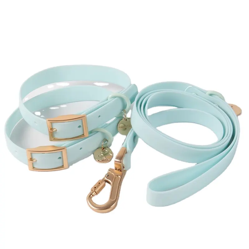 Vente en gros de laisse pour collier à boucle en pvc souple et étanche pour chien avec étiquette nominative ensemble de laisse pour collier de chien réglable de luxe et à la mode.