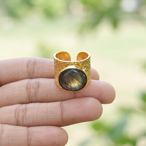 Natural Fire Labradorite Round Stone <b>Ring</b> Vintage 18k <b>Gold</b> Plated Solid Brass <b>Cocktail</b> <b>Rings</b> Unisex Fashion Jewelry Accessories - Product Image 3