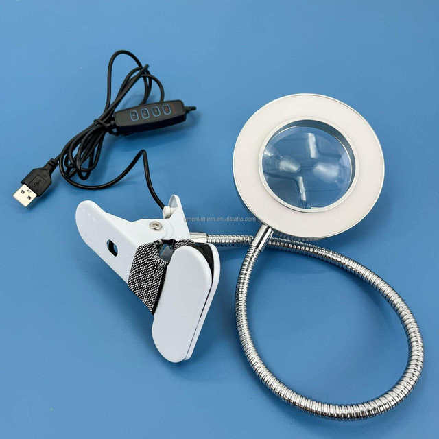Desk Lamp Clip on Light, 48 LEDs USB Clip Ring Light with 3 Color Modes Dimmable Brightness, Work Lamp with Magnifying Glass