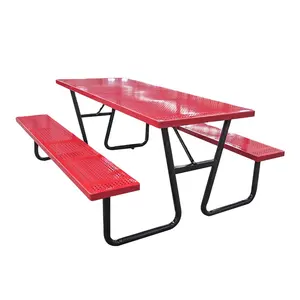 Metal Picnic Table Popular Perforated Hole Round Outdoor Picnic Tables Thermoplastic Coating Steel Dining Table