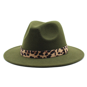 Chapeaux Fedora <span class=keywords><strong>bordeaux</strong></span> unisexe en gros femmes plat large bord 100% Fedora laine feutre chapeau hommes vert Fedora chapeau avec ruban léopard - Product Image 6