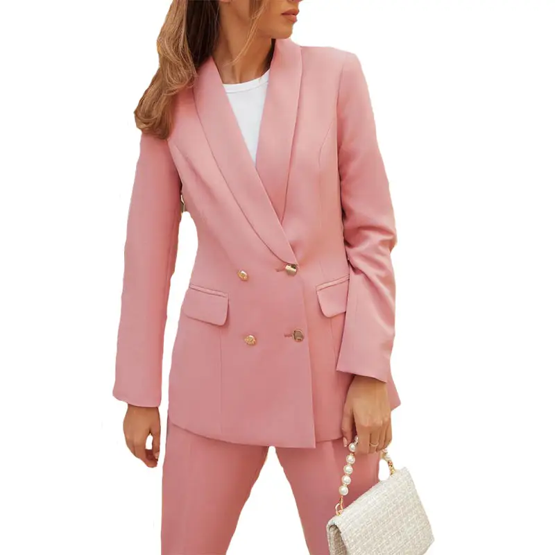 Custom Suit Jacket Pink Shawl Collar Double Breasted Patch Pocket Elegant Blazer Women Tailored Jacket
