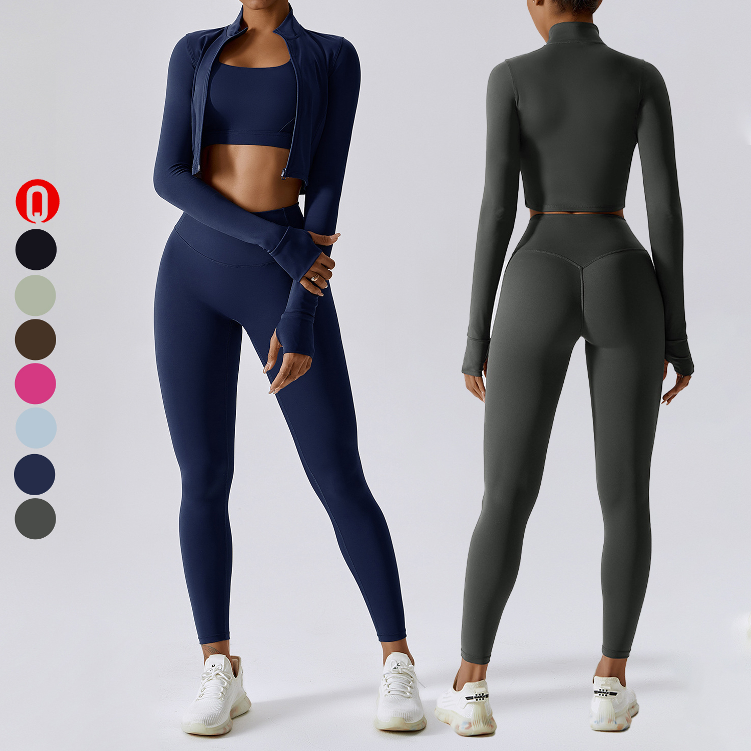 Quick Dry Solid Breathable Women 3-Piece Long Sleeve Leggings Compression Jacket Sports Bra Yoga Gym Workout Set Front