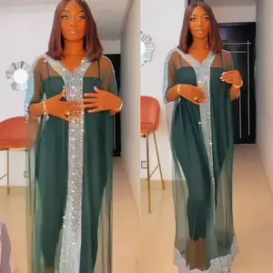 Африканская новая мусульманская Сексуальная сетчатая пряжа со стразами свободный халат + Внутреннее платье daffah abaya thobe Рамадан вечернее платье женская мусульманская одежда