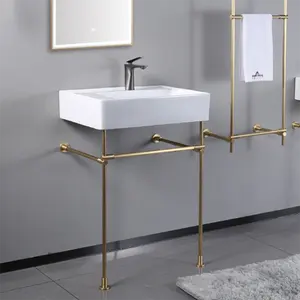 Lavabo de baño de cerámica de gama alta europeo, soporte de lavabo rectangular, lavabos de pie con soporte enmarcado de cobre