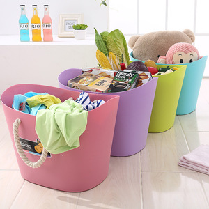 Storage Basket Oval Plastic With Rope Handle For Clothes Storage Pink Purple Blue Green - Product Image 1