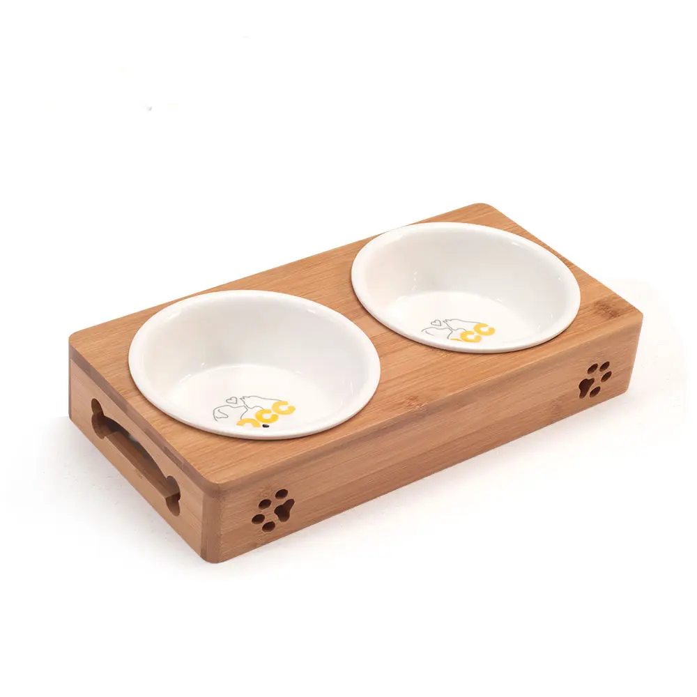 Bamboo double pet feeding ceramic bowl Factory Direct Elevated Dog Bowls for Cats and Small Dogs Raised Bamboo Dog Feeding