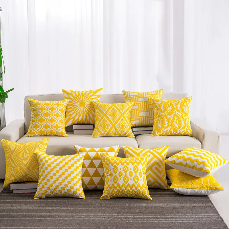Copertura del cuscino del cotone del cuscino di tiro ricamata ricamo geometrico dell'asciugamano giallo di serie