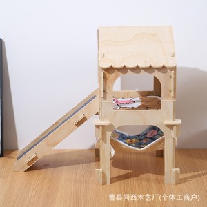 Wooden Hamster Nest Double Layer House With <b>Slide</b> Indoor Pet Hideout <b>Small</b> Animal Cage Rectangle Shape Rest And Hide - Product Image 3