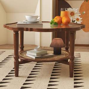 French Retro <b>Solid</b> <b>Wood</b> Round Coffee <b>Table</b> Glass <b>Top</b> Petal Shape Living Room Side <b>Table</b> New Style - Product Image 3