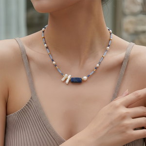 Collar de Perlas de Piedra Natural Azul, Joyería Estética para Vacaciones, Hecho a Mano, Collar de Varias Capas - Product Image 3
