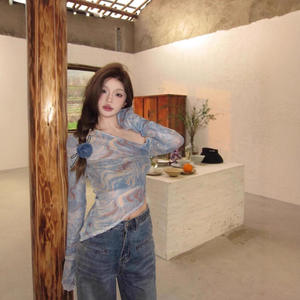 Camiseta de mujer con hombros descubiertos, de malla azul, con ombligo expuesto, ajuste ceñido, transpirable, de secado rápido, elegante, para verano - Product Image 4