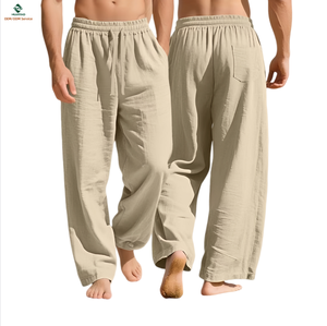 Pantaloni in <span class=keywords><strong>lino</strong></span> tinta unita con coulisse, vestibilità ampia, gamba dritta, casual, <span class=keywords><strong>da</strong></span> <span class=keywords><strong>uomo</strong></span>, taglie forti, all'ingrosso - Product Image 1