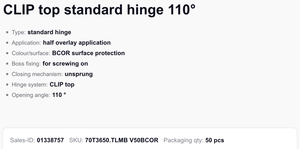 70t3550.tlmb blu m कैबिनेट साधारण दरवाजा निकल गया bcor कोई वसंत नहीं है टिप-ऑन क्लिप शीर्ष मानक हिंज 110 डिग्री - Product Image 4