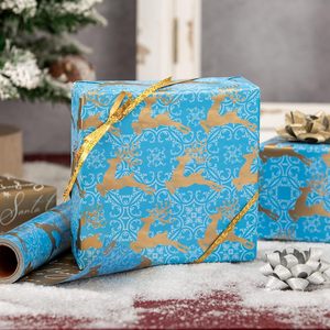 Reversible Blue Christmas Wrapping <b>Paper</b> <b>Roll</b> Gold Reindeer 17 In x 32.8 Ft Gift <b>Wrap</b> For Holiday Crafting - Product Image 6