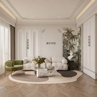 Salle à manger en cristal |   Armoires modulaires en verre cintrées |   Table en marbre blanc |   Pieds en forme d'anneau dorés |   Lustre à étages |   Charnière |