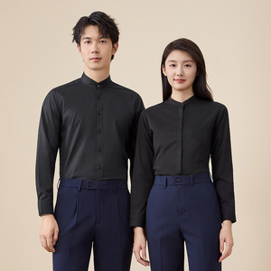 Unisex Stand-Collar Long-Sleeved Business Shirt Bamboo Fiber Workwear Gray Solid Color Zhongshan Style Uniform - Product Image 3