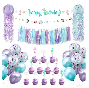 मरमेड थीम्ड पार्टी सजाने जन्मदिन का Tassels लालटेन लेटेक्स कंफ़ेद्दी गुब्बारे कप केक अव्वल रहने वाले छात्र बैनर सेट