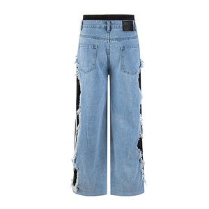 Nouveau pantalon en jean délavé <span class=keywords><strong>coupe</strong></span> large et ample, style streetwear américain, avec franges latérales contrastantes et design à 3 bandes, très visible - Product Image 3