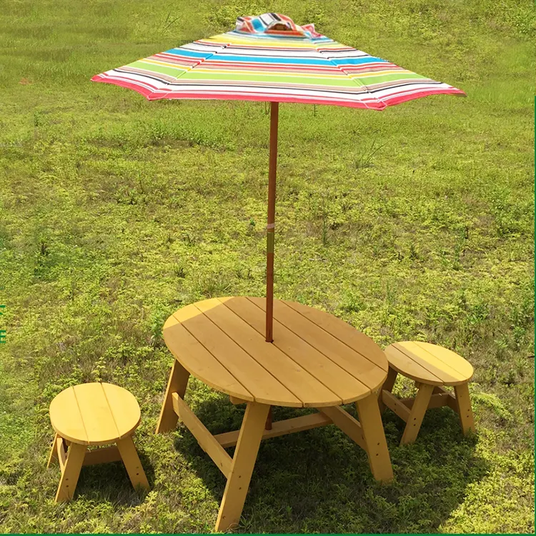 2024 Garden Outdoor Wooden Kids Picnic Beach Table and Chair for Children Table with umbrella