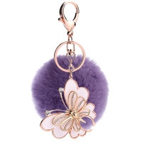Porte-clés pompon en peluche, pompon de 7cm, rose clair, style papillon, accessoire, boule