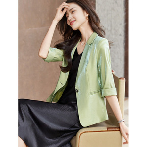 Women's Acetate Satin Blazer Three Quarter Sleeve Slim Fit Elegant Commuter Suit Top Solid Color - Product Image 1