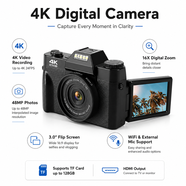 OEM ODM Wholesale 4K 48MP Retro Digital Camera 18X Zoom Selfie Vlogging Vintage Digicam Compact Camera for Video Creators