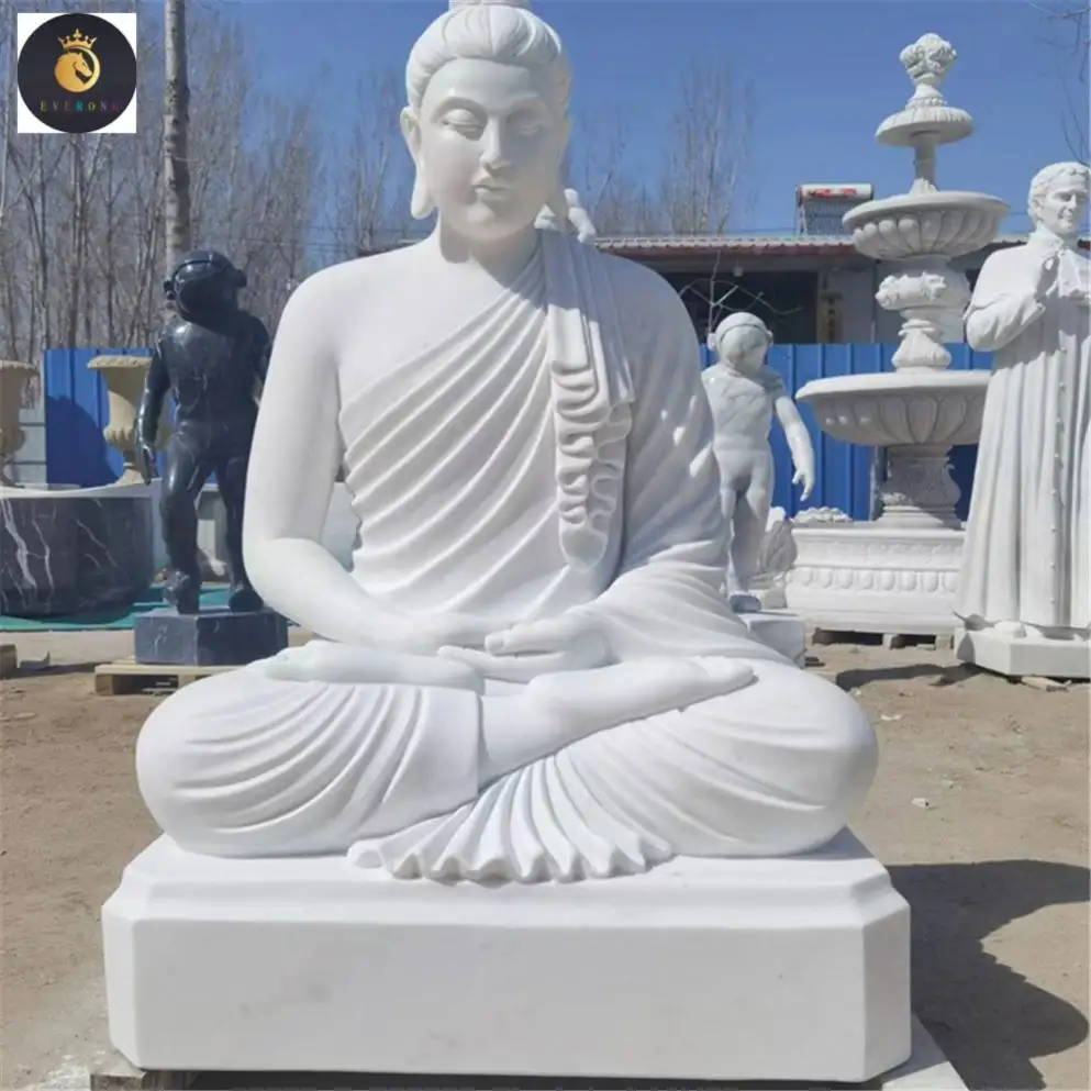 Estatua de Buda sentado de mármol blanco, escultura de jardín de piedra Natural de tamaño natural