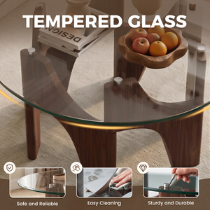 Round Tempered Glass <b>Coffee</b> <b>Table</b> with Solid Wood Geometric <b>Legs</b> Easy Clean Transparent Top Center <b>Table</b> <b>for</b> Living Room - Product Image 5