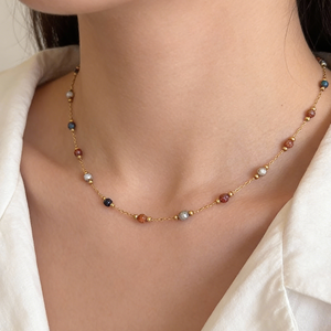 قلادة من الأحجار الطبيعية العتيقة مع خرز من الفولاذ المقاوم للصدأ، طقم قلادة وسوار أنيق للنساء، مثالي كهدية وللارتداء اليومي - Product Image 4