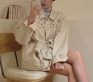 Veste en <span class=keywords><strong>jean</strong></span> <span class=keywords><strong>beige</strong></span> brodée pour femmes, version coréenne avec revers ample et veste polyvalente, pour le printemps et l'automne - Product Image 3