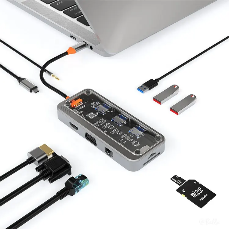 4K HDMI VGA tipi C PD USB3.0 RJ45 Ethernet SD/TF kart okuyucu 3.5mm AUX ile 10-in-1 USB C adaptör yerleştirme istasyonu gemi hazır