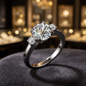 Anillo de Compromiso de Platino con Diamante Redondo de Corte Brillante y Diamantes Laterales, Joyería Clásica para Mujer - Product Image 3
