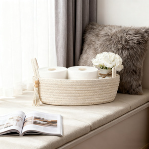 Cesta de Almacenamiento Tejida de Algodón Estilo Nórdico, Rectangular, Hecha a Mano, para Baño, Escritorio, Lavandería, Organización - Product Image 2