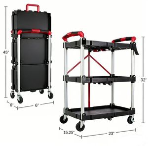Chariot de service pliable à 3 niveaux, chariot de service portable et pliable, chariot à outils pliable, capacité de 210 lb avec roues - Product Image 2