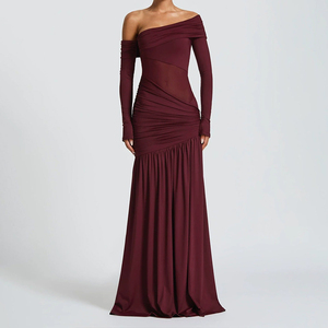 Abito Lungo Elegante con Spalle Scoperte, <span class=keywords><strong>Maniche</strong></span> <span class=keywords><strong>Lunghe</strong></span>, Arricciature e Spacco Alto, Pannello Trasparente e Corpetto <span class=keywords><strong>Drappeggiato</strong></span> per Feste Serali - Product Image 2