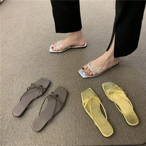 Stylish Gold Colored Genuine Leather Square Toe Chunky Heel Cross Strap <b>Slippers</b> - Product Image 1