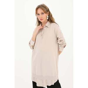 Blusa Túnica Elegante Beige para Mujer Puane con Detalle de Camisa, Tela Cómoda, Top Versátil de Manga Larga para Uso Diario - Product Image 4