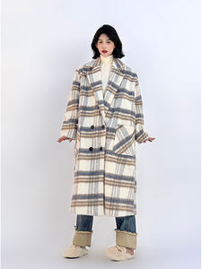 Abrigo de Lana con Solapa a Cuadros y Manga Larga para Mujer, Estilo Coreano Otoño Invierno, Elegante Cárdigan Holgado de Alta Gama - Product Image 2