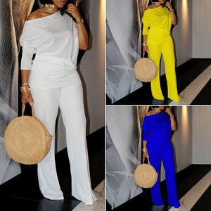 Son Moda Sonbahar Tulumu Kadınlar İçin Zarif Tek Renk Slash Yaka Geniş Paçalı Tulum - Product Image 2