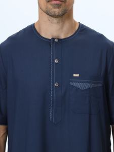 <b>Men's</b> Navy Blue Cotton <b>Thobe</b> Short Sleeve Floor Length Loose Fit Casual Daily Wear All Seasons Breathable Modest Style - Product Image 3