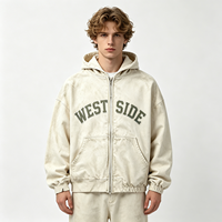 Sweat à capuche zippé vintage délavé avec imprimé lettres WEST SIDE, en coton délavé soleil, style streetwear, coupe ample, effet usé pour homme