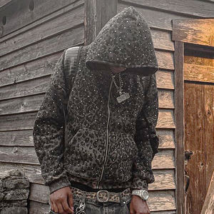 Individuelles <span class=keywords><strong>Logo</strong></span> 100% Baumwolle French Terry Gepardenmuster Herren-Hoodies Kastenförmig Kurz Geschnitten Acid Wash Strass Leopardenmuster Reißverschluss-Hoodie - Product Image 4